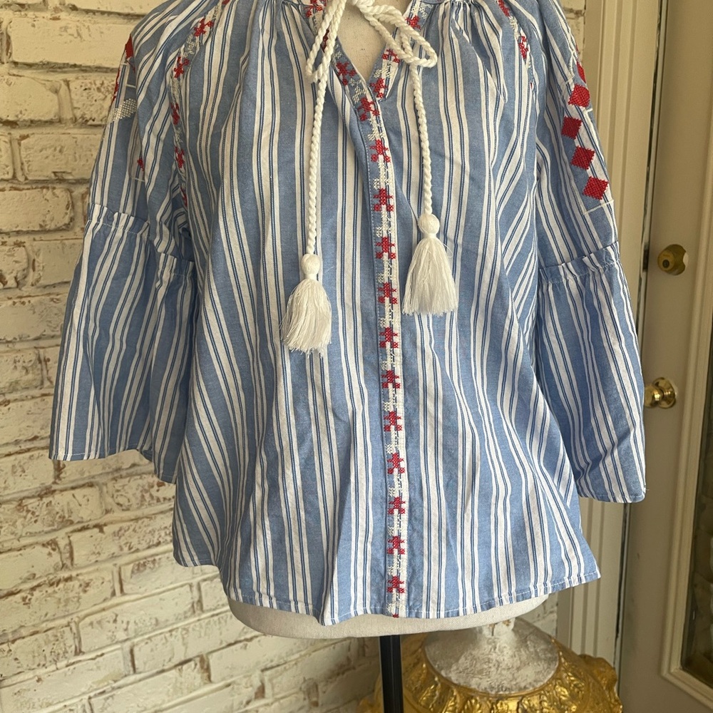Striped Blue and White Blouse with Red embroidery.